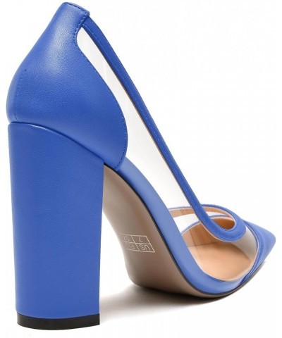 Womens PVC fashion Clear Slip On Fashion Pointed Toe Matte Party Block High Heel Pumps Shoes 4 Inch Royal Blue $31.49 Pumps