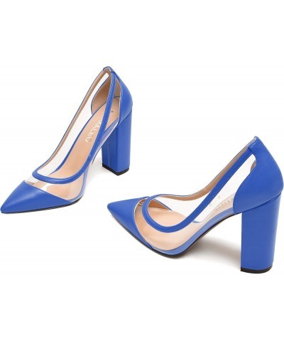 Womens PVC fashion Clear Slip On Fashion Pointed Toe Matte Party Block High Heel Pumps Shoes 4 Inch Royal Blue $31.49 Pumps