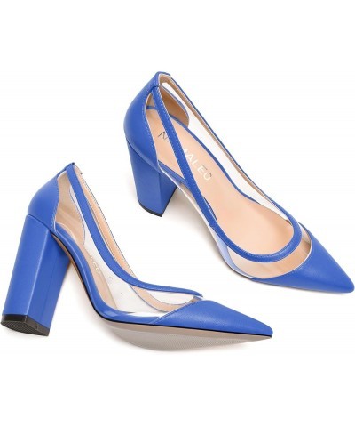 Womens PVC fashion Clear Slip On Fashion Pointed Toe Matte Party Block High Heel Pumps Shoes 4 Inch Royal Blue $31.49 Pumps