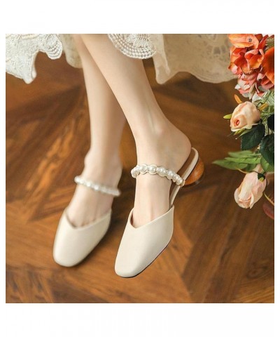 Womens Slingback Shoes Square Toe Pearl Straps Comfortable Mary Jane Slip-On Slides Loafers Shoe for Dress Party Beige $23.52...