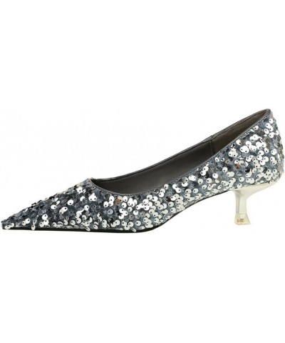 Women's Pointed Toe 4.5CM Sparkly Prom High Heel Slip On Party Wedding Office Low Kitten Heels Shoes Silver $30.48 Pumps