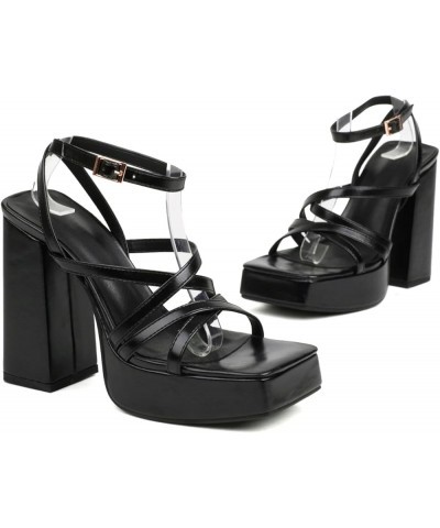 Women Cross Straps Sky High Chunky Heel Platform Gladiator Sandals Black $26.35 Sandals