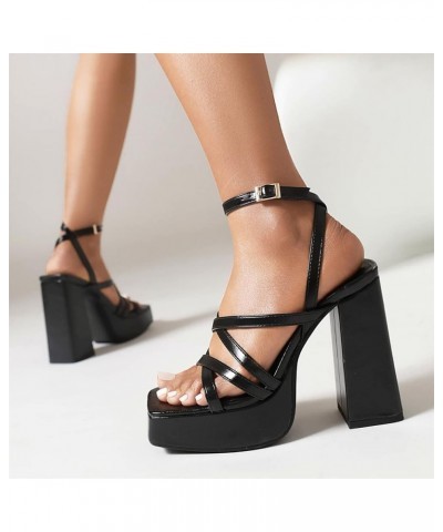 Women Cross Straps Sky High Chunky Heel Platform Gladiator Sandals Black $26.35 Sandals