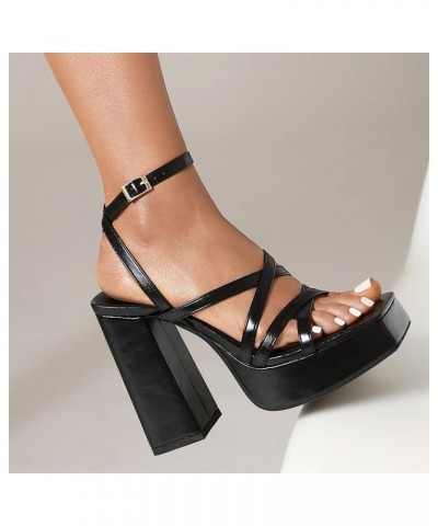 Women Cross Straps Sky High Chunky Heel Platform Gladiator Sandals Black $26.35 Sandals