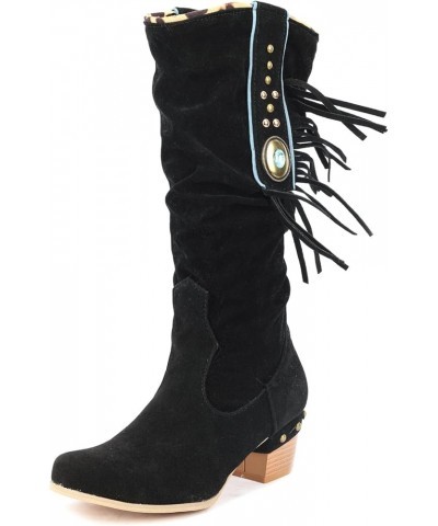 Women Knee High Fringe Slouch Boots Block Heel Black $29.34 Boots