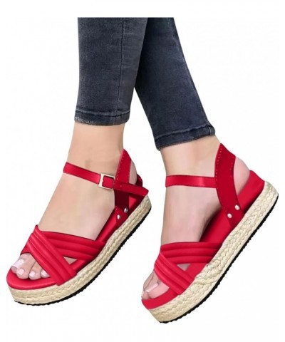 Womens Chunky Heeled Sandals Soft Soles Pumps Flat Boat Shoes Soft Platform Wedge Heel Work Pumps Red $21.03 Outdoor Shoes