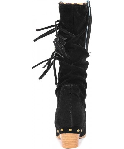 Women Knee High Fringe Slouch Boots Block Heel Black $29.34 Boots