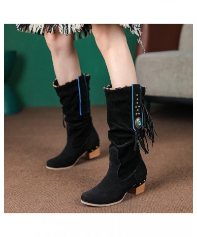 Women Knee High Fringe Slouch Boots Block Heel Black $29.34 Boots