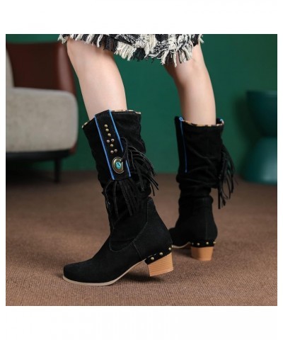 Women Knee High Fringe Slouch Boots Block Heel Black $29.34 Boots