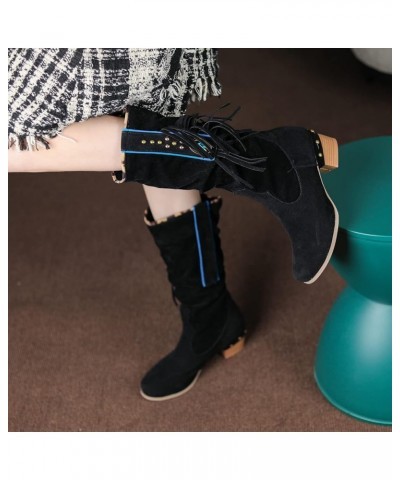 Women Knee High Fringe Slouch Boots Block Heel Black $29.34 Boots