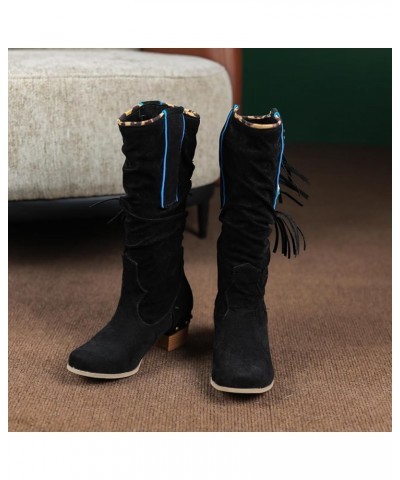 Women Knee High Fringe Slouch Boots Block Heel Black $29.34 Boots