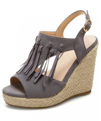 Women's Espadrille Platform Wedges Sandals, Summer Tassel Open Toe Ankle Strap Buckle Wedge Sandals Roman Shoes 6 Grey $15.54...