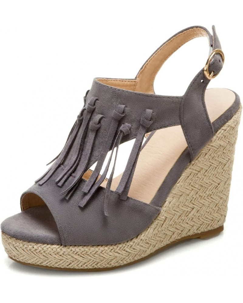 Women's Espadrille Platform Wedges Sandals, Summer Tassel Open Toe Ankle Strap Buckle Wedge Sandals Roman Shoes 6 Grey $15.54...