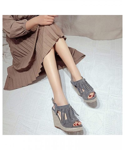 Women's Espadrille Platform Wedges Sandals, Summer Tassel Open Toe Ankle Strap Buckle Wedge Sandals Roman Shoes 6 Grey $15.54...