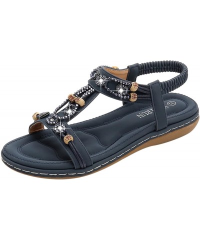 Women's Flat Dressy Summer Beach Shoes Comfortable Boho Rhinestone Thong Flip-Flop Elastic Strappy Sandals 8 D-navy $13.12 Sa...