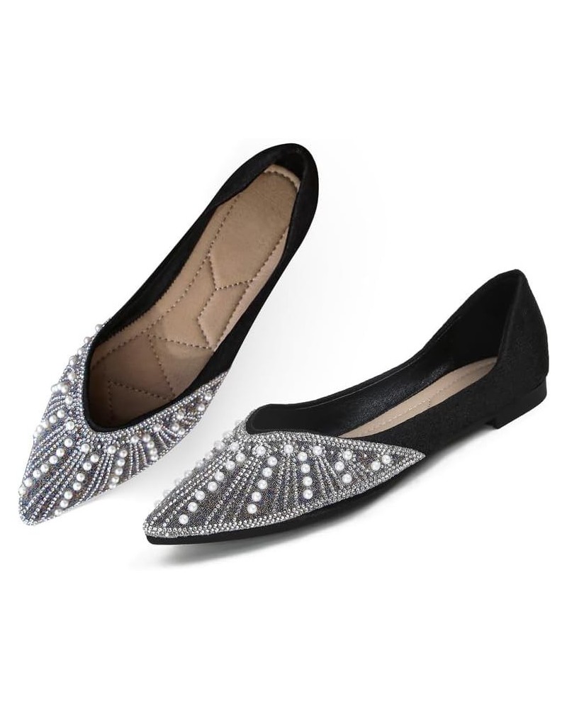 Women's Pointed Flat Shoes Non Slip Comfort Slip on Breathable Wedding Dress Bling Rhinestone Walking Flats Shoes D-black $26...