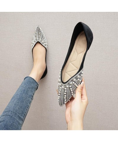 Women's Pointed Flat Shoes Non Slip Comfort Slip on Breathable Wedding Dress Bling Rhinestone Walking Flats Shoes D-black $26...