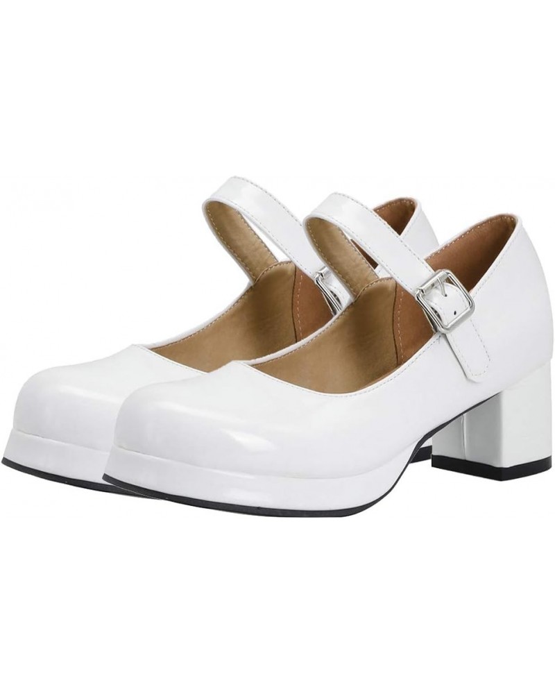 Womens Lolita Shoes Patent Leather Mary Jane Platform Chunky Heeled Pumps White $23.39 Pumps