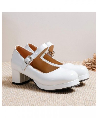 Womens Lolita Shoes Patent Leather Mary Jane Platform Chunky Heeled Pumps White $23.39 Pumps