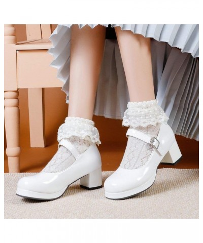 Womens Lolita Shoes Patent Leather Mary Jane Platform Chunky Heeled Pumps White $23.39 Pumps