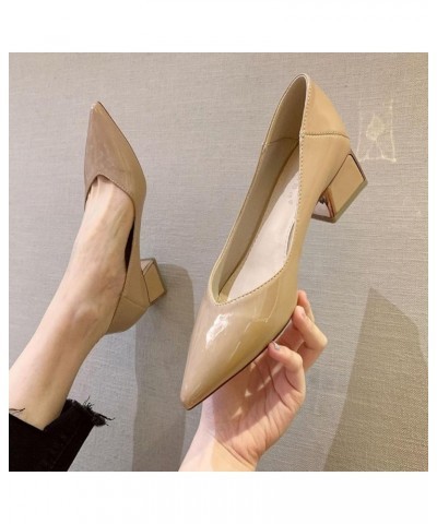 Womans Middle Heel Trendy Patent Leather Pumps Slip-on Pointed-Toe Comforting Mid Block Heeled Pumps for Office Dating Khaki ...