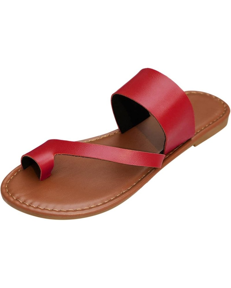 Low Heel Sandals for Women Ladies Fashion Summer Solid Leather Cover Toe Flat Bottom Shoes Ladies Sunflower Sandals Red $10.9...