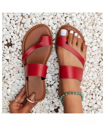 Low Heel Sandals for Women Ladies Fashion Summer Solid Leather Cover Toe Flat Bottom Shoes Ladies Sunflower Sandals Red $10.9...