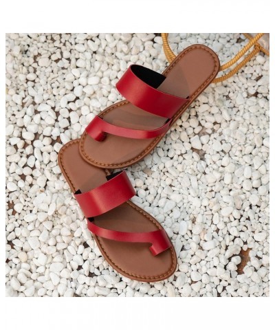 Low Heel Sandals for Women Ladies Fashion Summer Solid Leather Cover Toe Flat Bottom Shoes Ladies Sunflower Sandals Red $10.9...