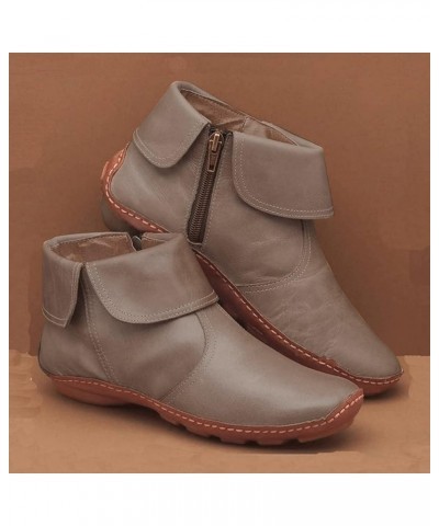 Fashion Up Toe Flat Round Boots Vintage Pleated Women's Zip Winter Women's Boots Shower Shoes Khaki $24.78 Boots