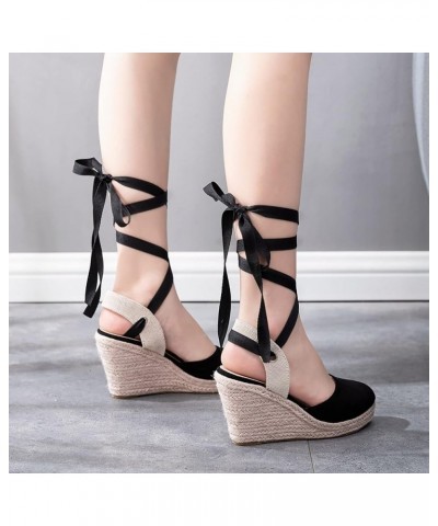 Wedge Sandal Women Women Bohemian Canvas Lace Up Sandals Thick Soled Ethnic Style Wedge Shoes Wing Sandals for Women Black $2...