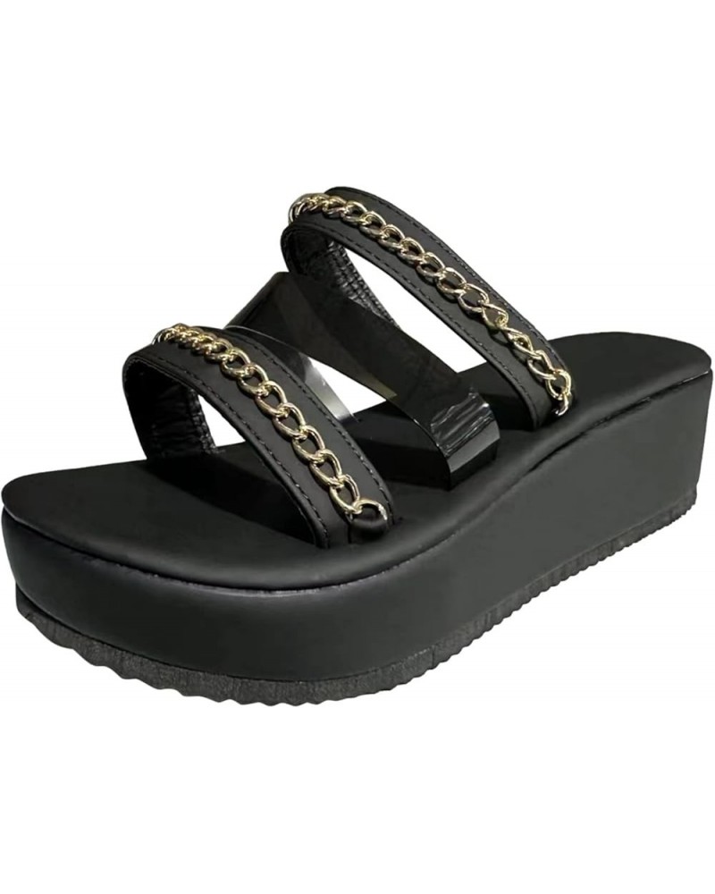 Ladies Rounded Toe Sandals Women Fashion Summer Transparent PVC Slippers Chain Wedge Heel Thick Sole Beach Black $19.67 Sandals