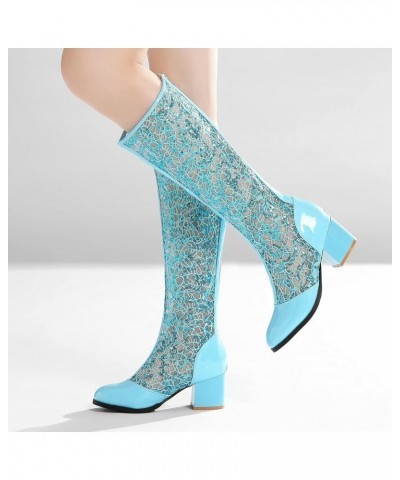 Women's Block Heel Knee High Chunky High Heel Boots Mesh Cutout Gladiator Sandals Round Toe Zipper Shoes Blue $28.00 Sandals