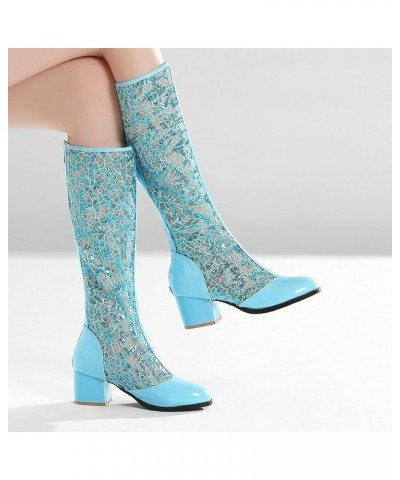 Women's Block Heel Knee High Chunky High Heel Boots Mesh Cutout Gladiator Sandals Round Toe Zipper Shoes Blue $28.00 Sandals