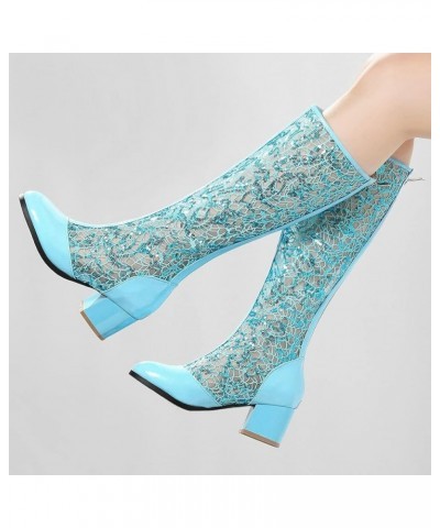 Women's Block Heel Knee High Chunky High Heel Boots Mesh Cutout Gladiator Sandals Round Toe Zipper Shoes Blue $28.00 Sandals