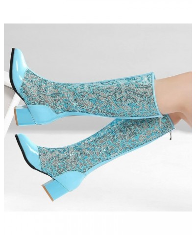 Women's Block Heel Knee High Chunky High Heel Boots Mesh Cutout Gladiator Sandals Round Toe Zipper Shoes Blue $28.00 Sandals