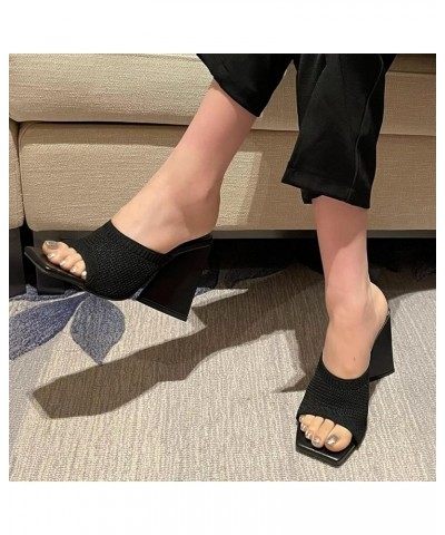 Women's Chunky High Heel Slide Sandals Square Open Toe Knit Breathable Slip On Mule Sandals Shoes Black $26.88 Sandals