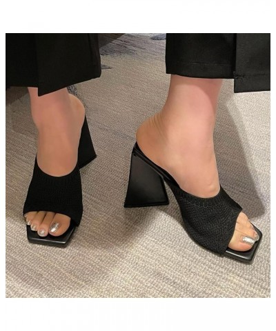 Women's Chunky High Heel Slide Sandals Square Open Toe Knit Breathable Slip On Mule Sandals Shoes Black $26.88 Sandals