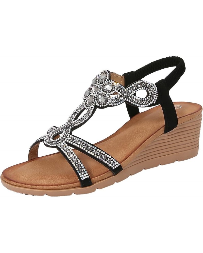 Rhinestone Sandals Women Bohemian Fashion Rhinestone Sandals Thick Sole Wedge Women's Shoes Teenagers Flip Flops Black $20.37...