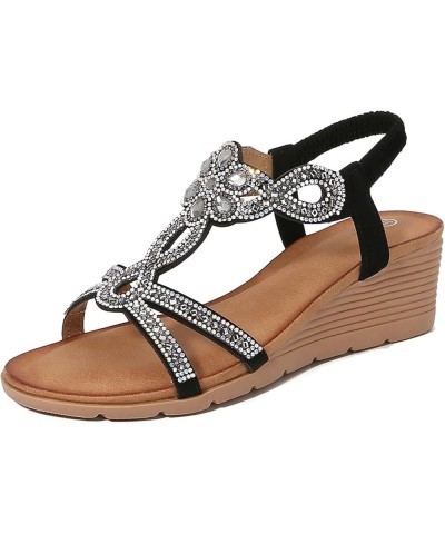 Rhinestone Sandals Women Bohemian Fashion Rhinestone Sandals Thick Sole Wedge Women's Shoes Teenagers Flip Flops Black $20.37...