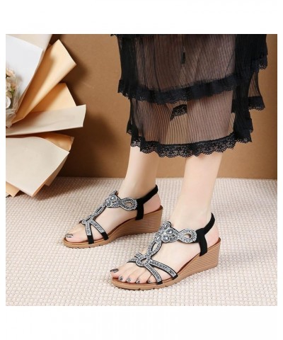 Rhinestone Sandals Women Bohemian Fashion Rhinestone Sandals Thick Sole Wedge Women's Shoes Teenagers Flip Flops Black $20.37...