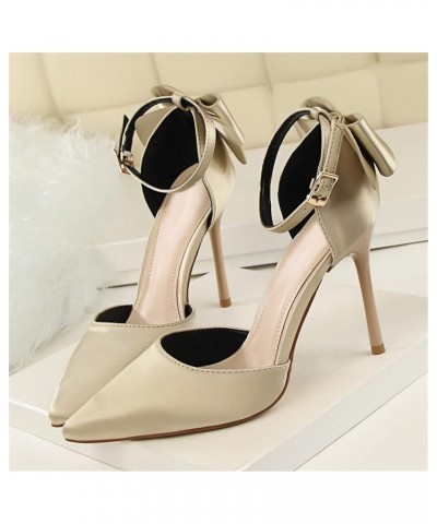 Women's Pointed Toe Stiletto Heels Ankle Strap Pumps High Heels with Bow Light Gold $17.93 Pumps