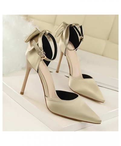 Women's Pointed Toe Stiletto Heels Ankle Strap Pumps High Heels with Bow Light Gold $17.93 Pumps