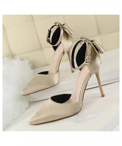 Women's Pointed Toe Stiletto Heels Ankle Strap Pumps High Heels with Bow Light Gold $17.93 Pumps