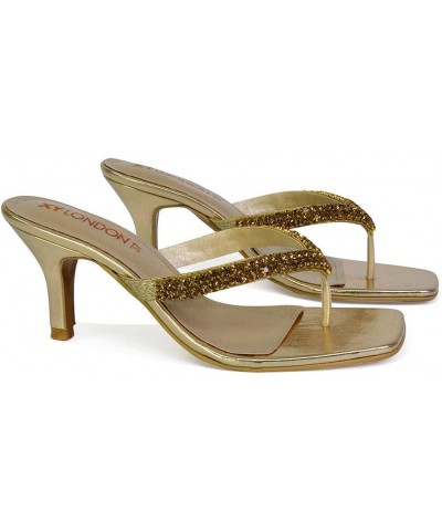 Womens Low Heel Diamante Sandals Ladies Square Toe Sparkly Mule Shoe Size 3-8 Gold $35.63 Mules & Clogs