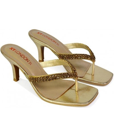 Womens Low Heel Diamante Sandals Ladies Square Toe Sparkly Mule Shoe Size 3-8 Gold $35.63 Mules & Clogs