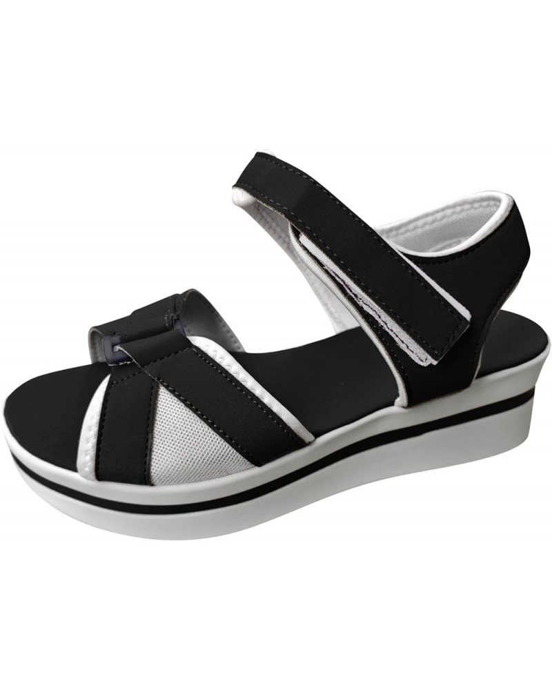 Ladies Fashion Summer Color Blocking Open Toe Hook Loop Thick Wedge Heel Sandals Women's Heeled Sandals Black 7 $13.08 Sandals