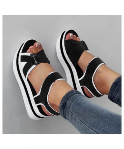 Ladies Fashion Summer Color Blocking Open Toe Hook Loop Thick Wedge Heel Sandals Women's Heeled Sandals Black 7 $13.08 Sandals