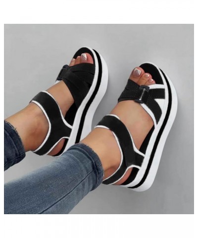 Ladies Fashion Summer Color Blocking Open Toe Hook Loop Thick Wedge Heel Sandals Women's Heeled Sandals Black 7 $13.08 Sandals