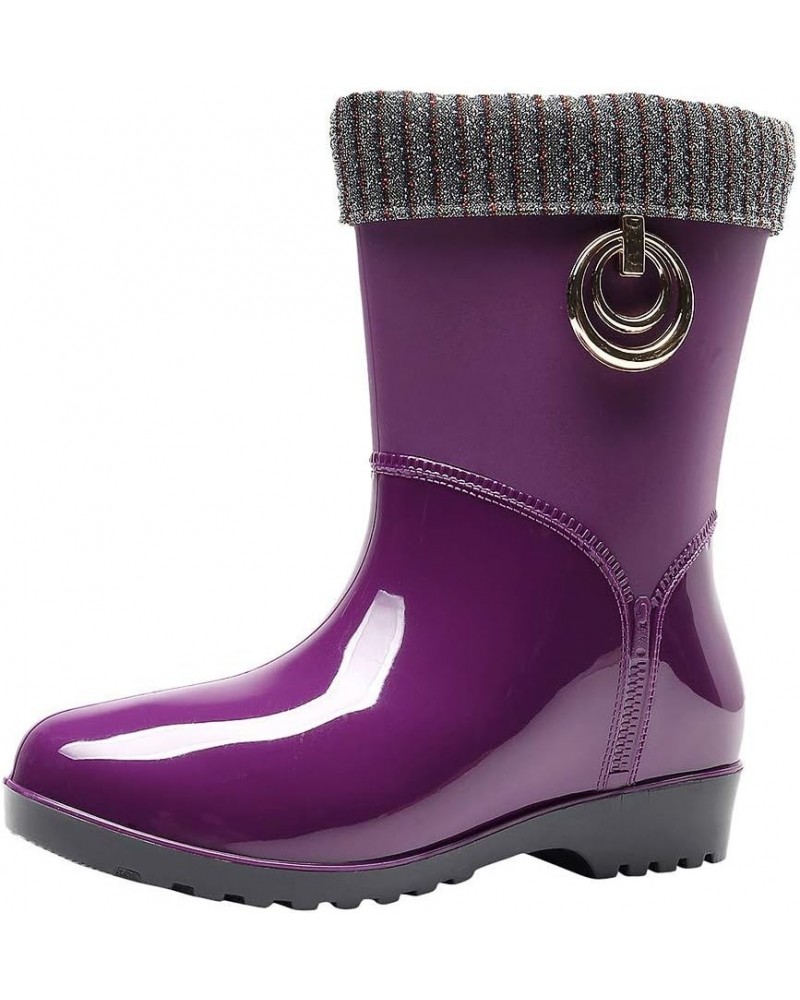 Punk Mid Warm Snow Boots Women's Non-Slip Rain Boots Outdoor Water Shoes Covers Purple $20.54 Outdoor Shoes