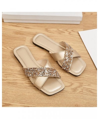 Breathable Open Toe Sandals for Women Ladies Fashion Summer Sequins Decorative Leather Open Toe Flat Casual Slippers (Gold, 9...